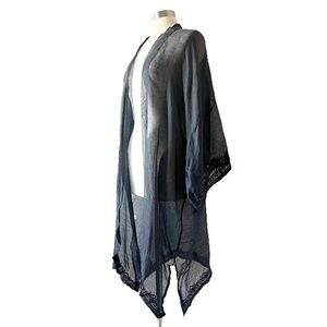 Eskandar Linen Silk Blend Sequined Trim Open Duster Kimono Size 1 Navy Boho